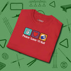 Peace Love Pool T-Shirt, in Red color, billiards shirt, folded view