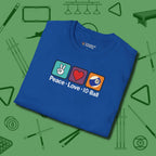 Peace Love Pool T-Shirt, in Royal color, billiards shirt, folded view