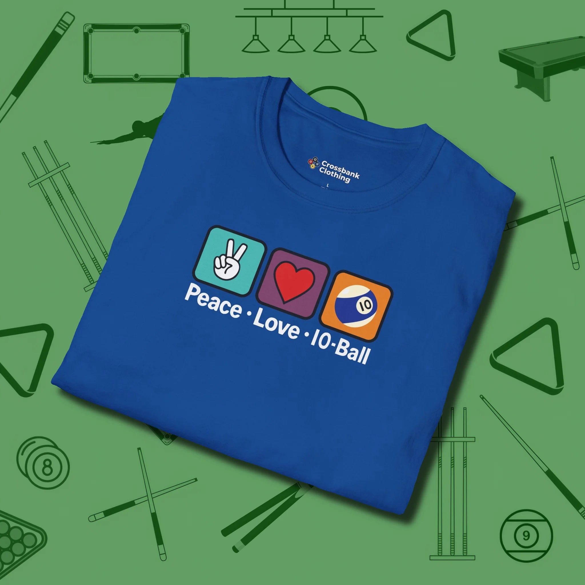 Peace Love Pool T-Shirt, in Royal color, billiards shirt, folded view