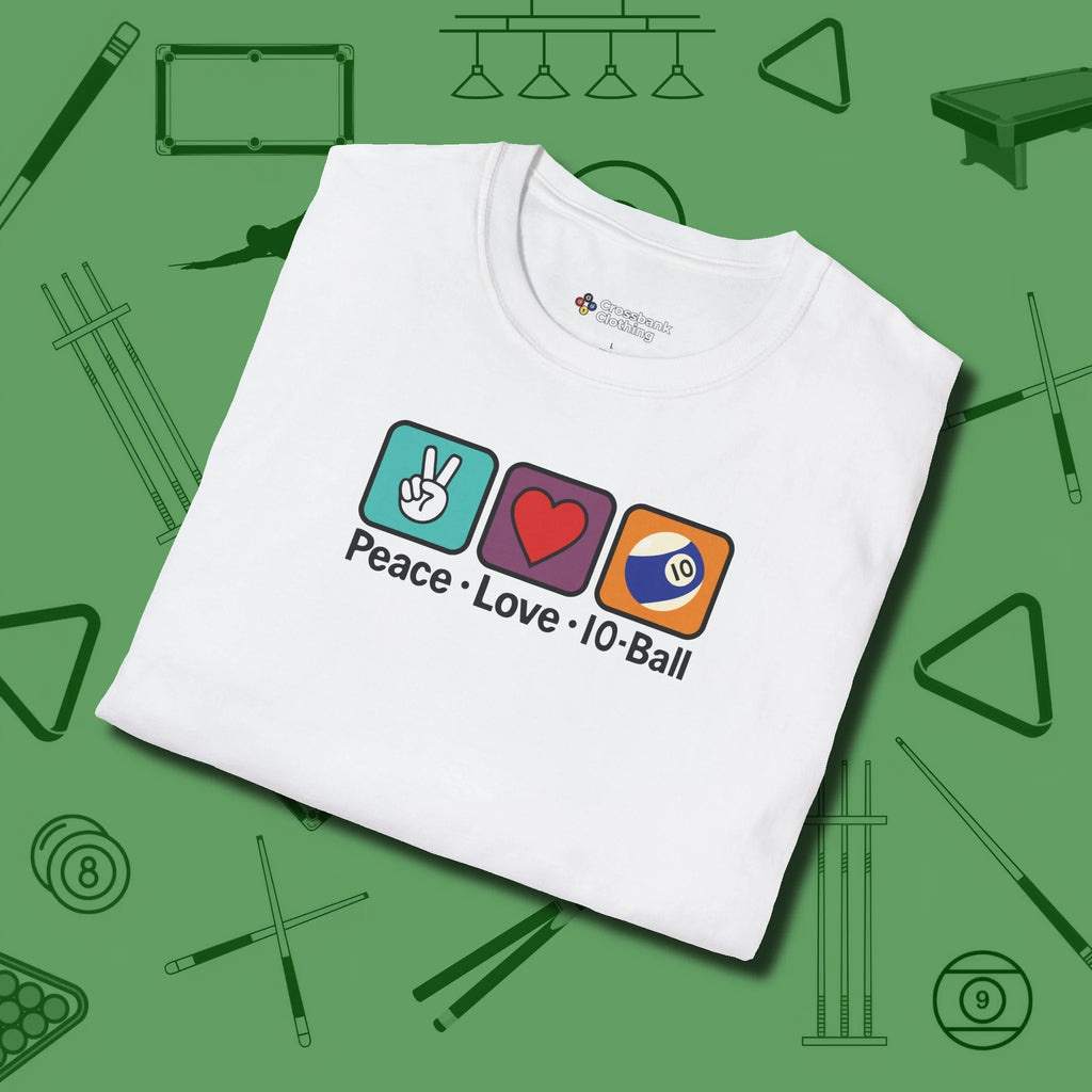 Peace Love Pool T-Shirt, in White color, billiards shirt, folded view
