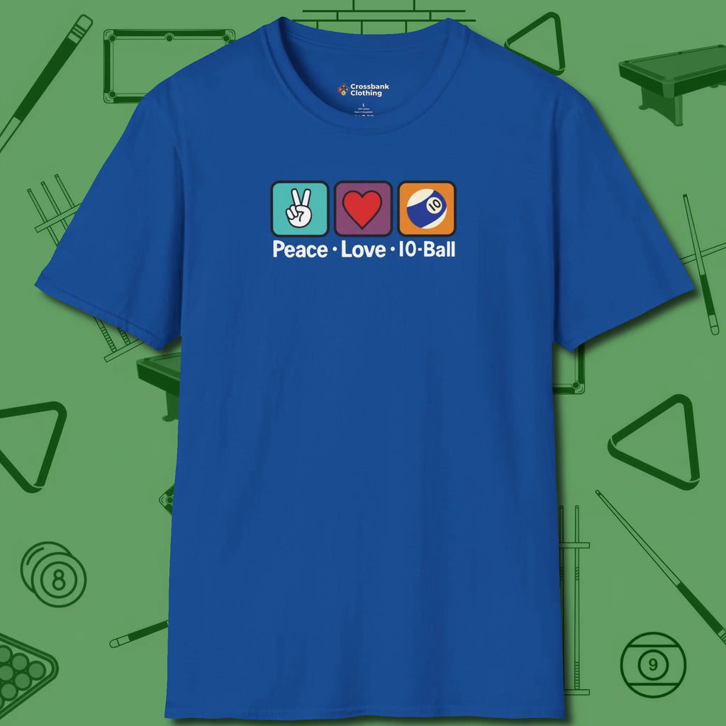 Peace Love Pool T-Shirt, in Royal color, billiards shirt, front view
