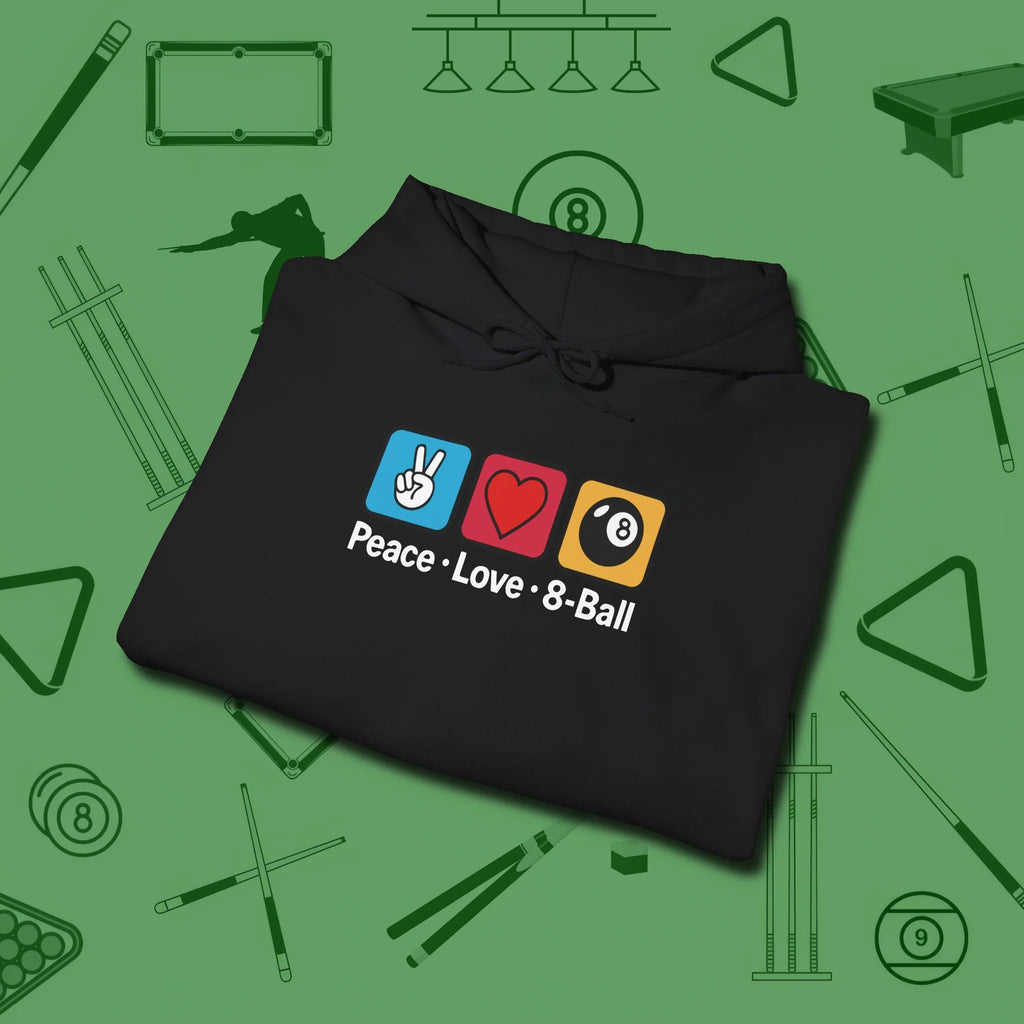 Peace Love Pool Hoodie, in Black color, billiards shirt, folded view