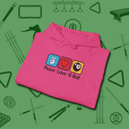 Peace Love Pool Hoodie, in Heliconia color, billiards shirt, folded view