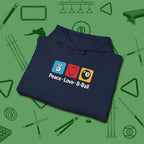 Peace Love Pool Hoodie, in Navy color, billiards shirt, folded view