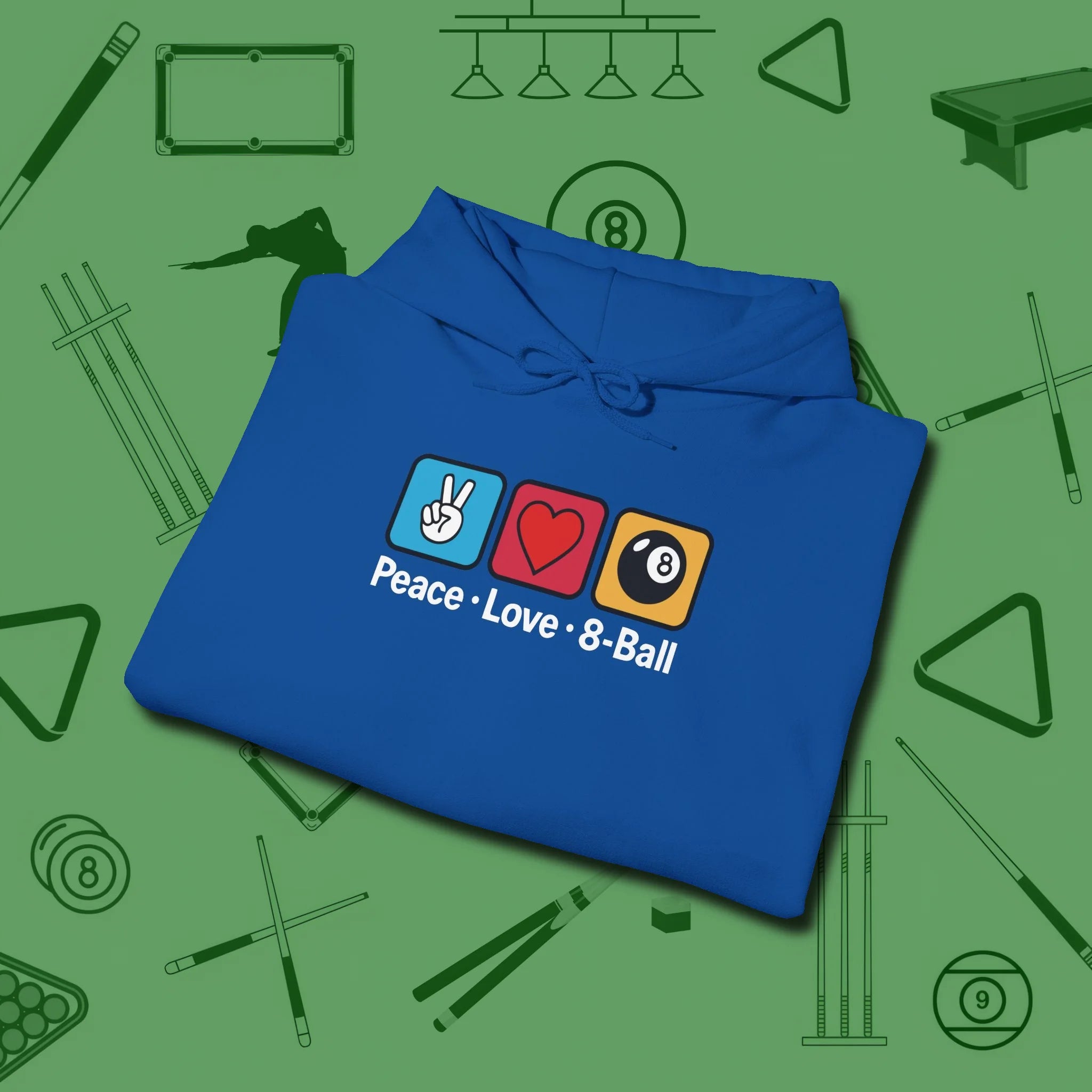 Peace Love Pool Hoodie, in Royal color, billiards shirt, folded view