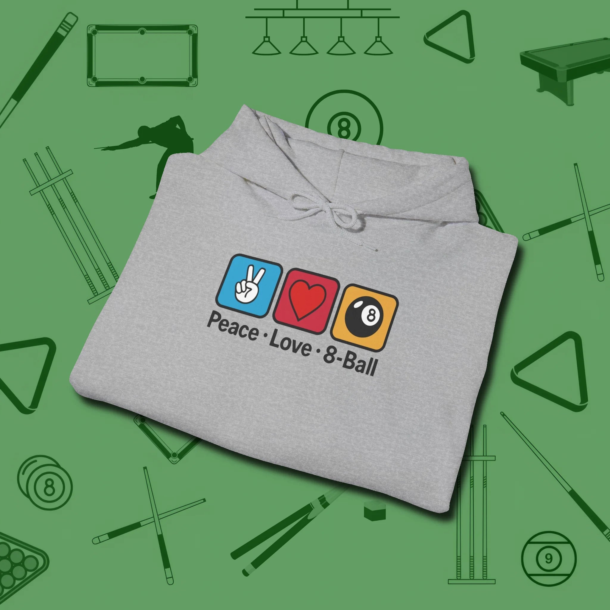 Peace Love Pool Hoodie, in Sport Grey color, billiards shirt, folded view