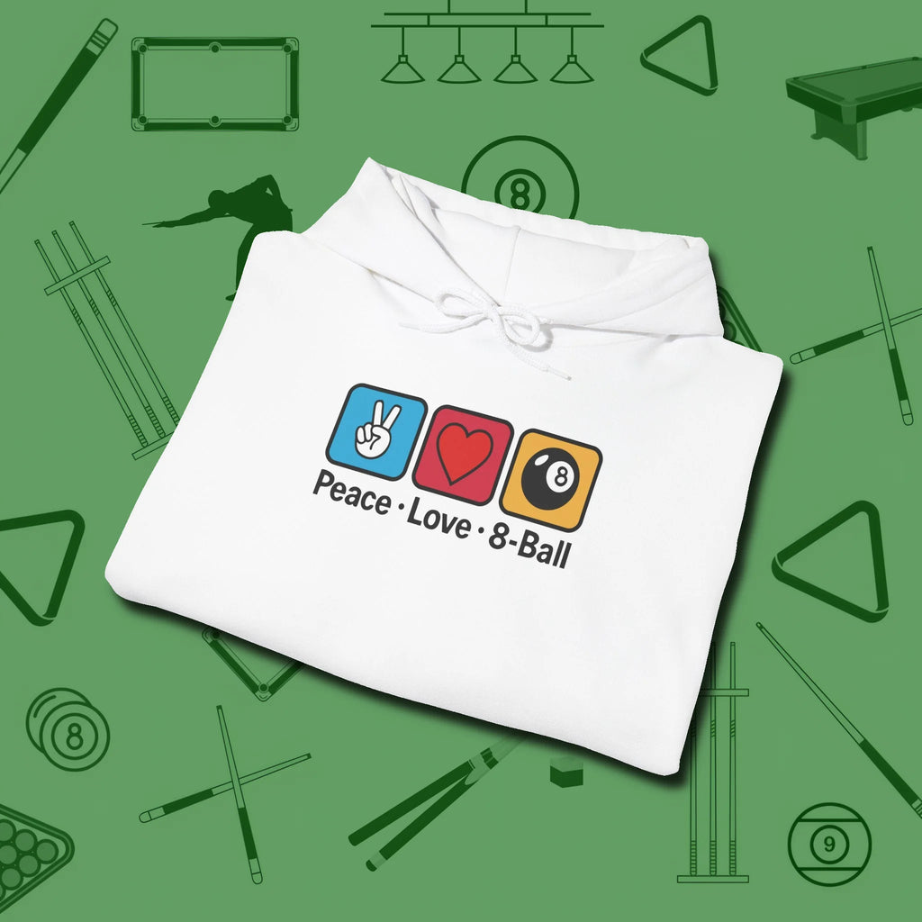 Peace Love Pool Hoodie, in White color, billiards shirt, folded view
