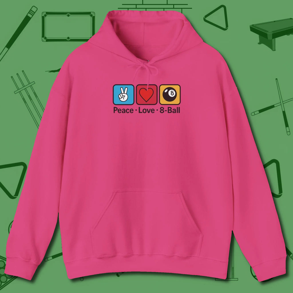 Peace Love Pool Hoodie, in Heliconia color, billiards shirt, front view