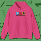 Peace Love Pool Hoodie, in Heliconia color, billiards shirt, front view