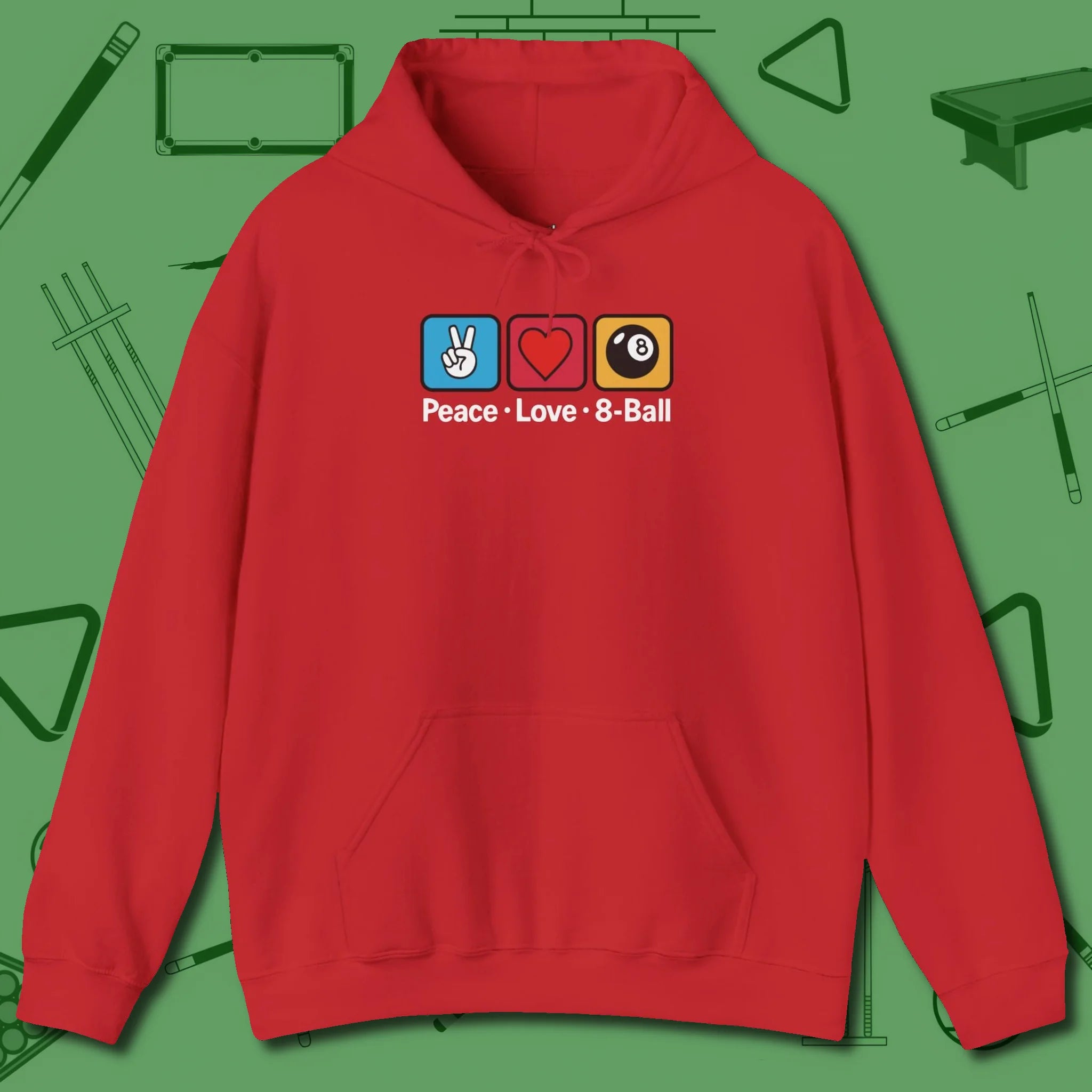 Peace Love Pool Hoodie, in Red color, billiards shirt, front view