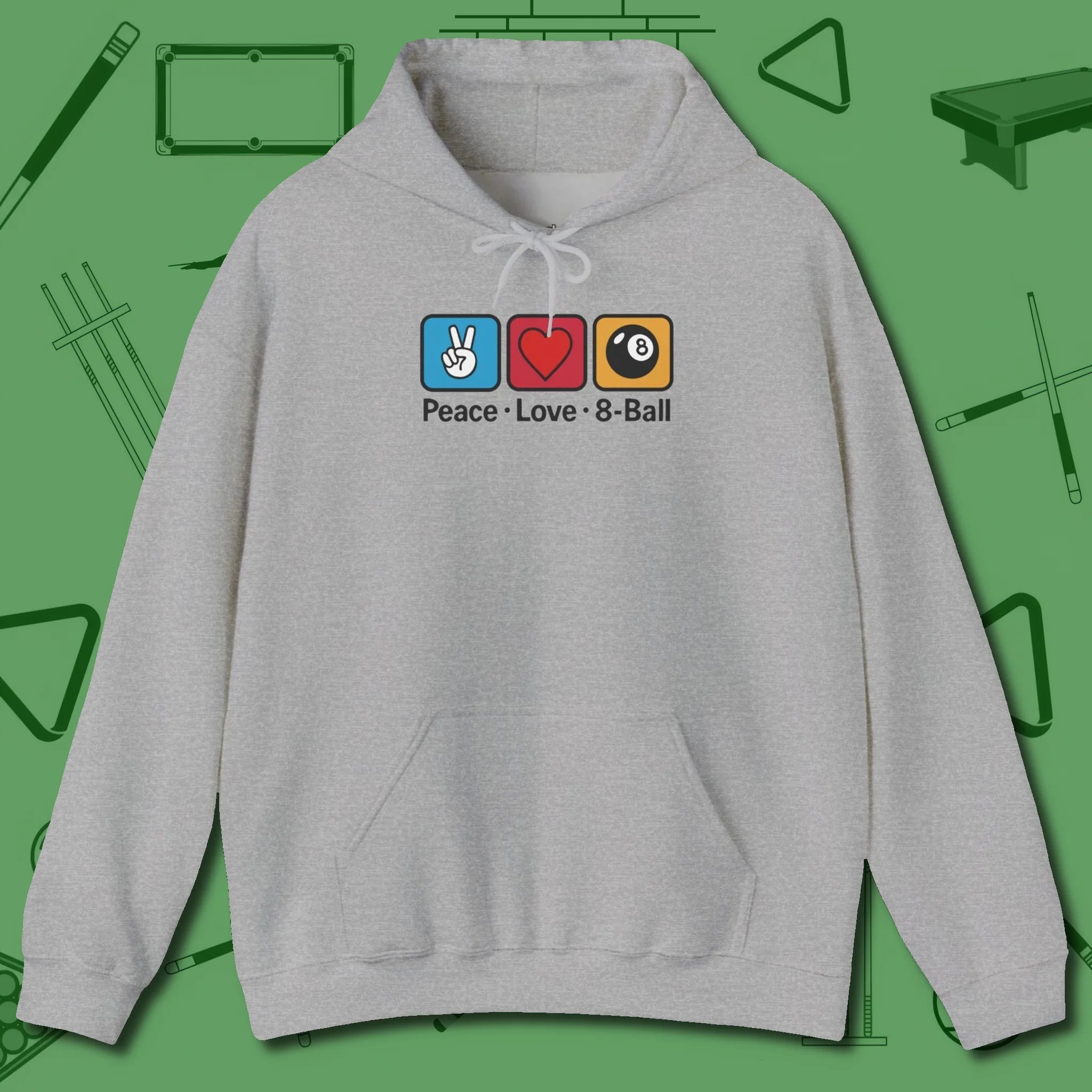 Peace Love Pool Hoodie, in Sport Grey color, billiards shirt, front view