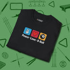 Peace Love Pool T-Shirt, in Black color, billiards shirt, folded view
