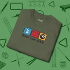 Peace Love Pool T-Shirt, in Military Green color, billiards shirt, folded view