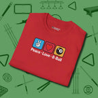 Peace Love Pool T-Shirt, in Red color, billiards shirt, folded view