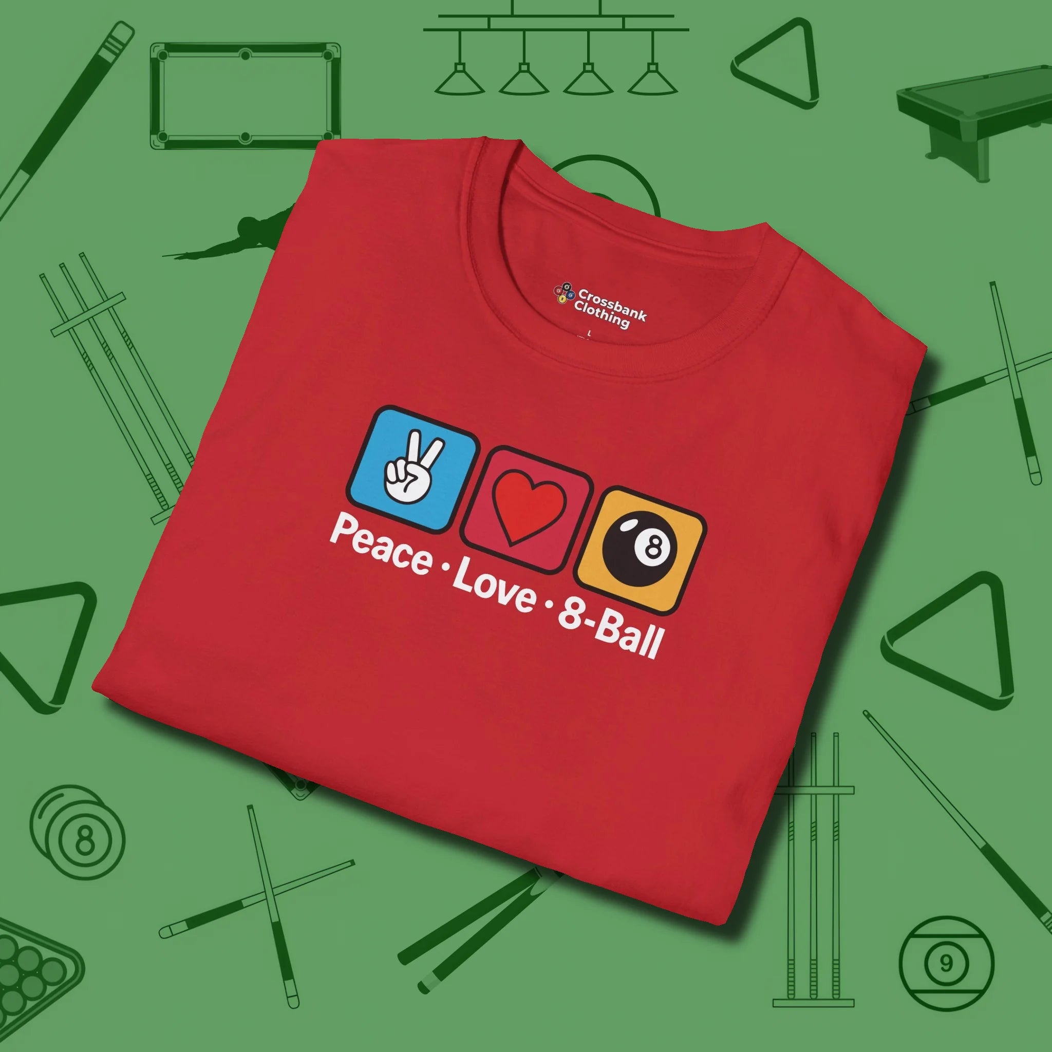 Peace Love Pool T-Shirt, in Red color, billiards shirt, folded view