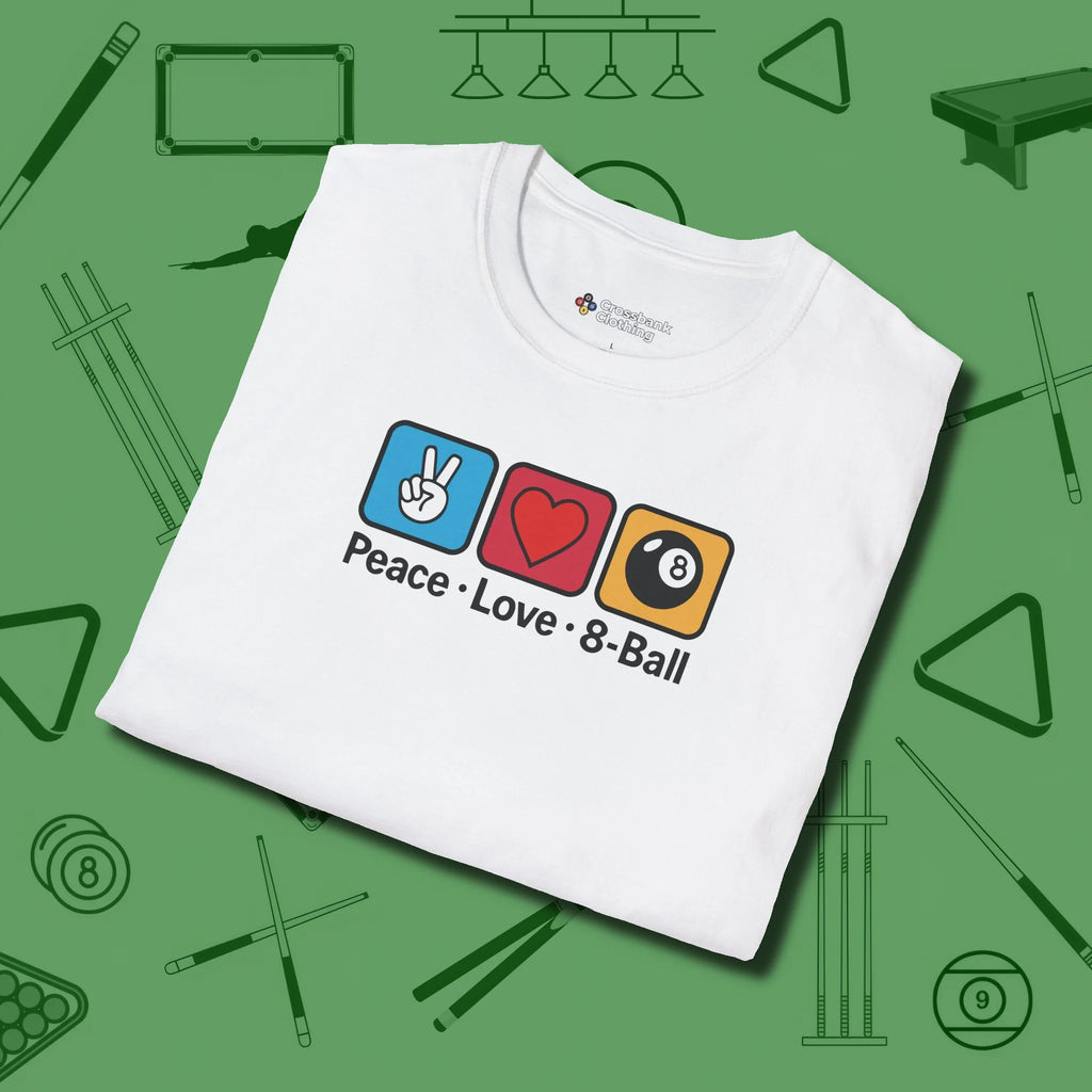 Peace Love Pool T-Shirt, in White color, billiards shirt, folded view