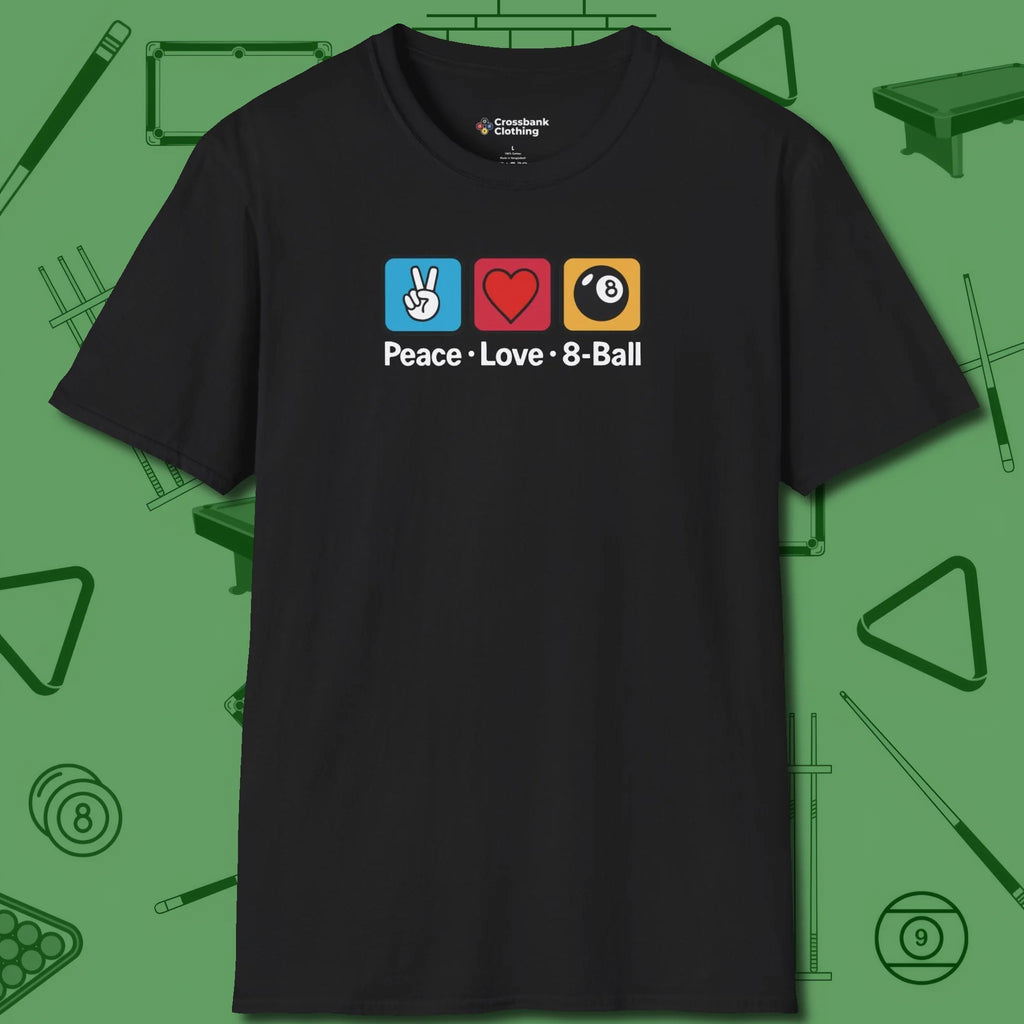 Peace Love Pool T-Shirt, in Black color, billiards shirt, front view