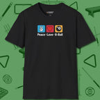 Peace Love Pool T-Shirt, in Black color, billiards shirt, front view
