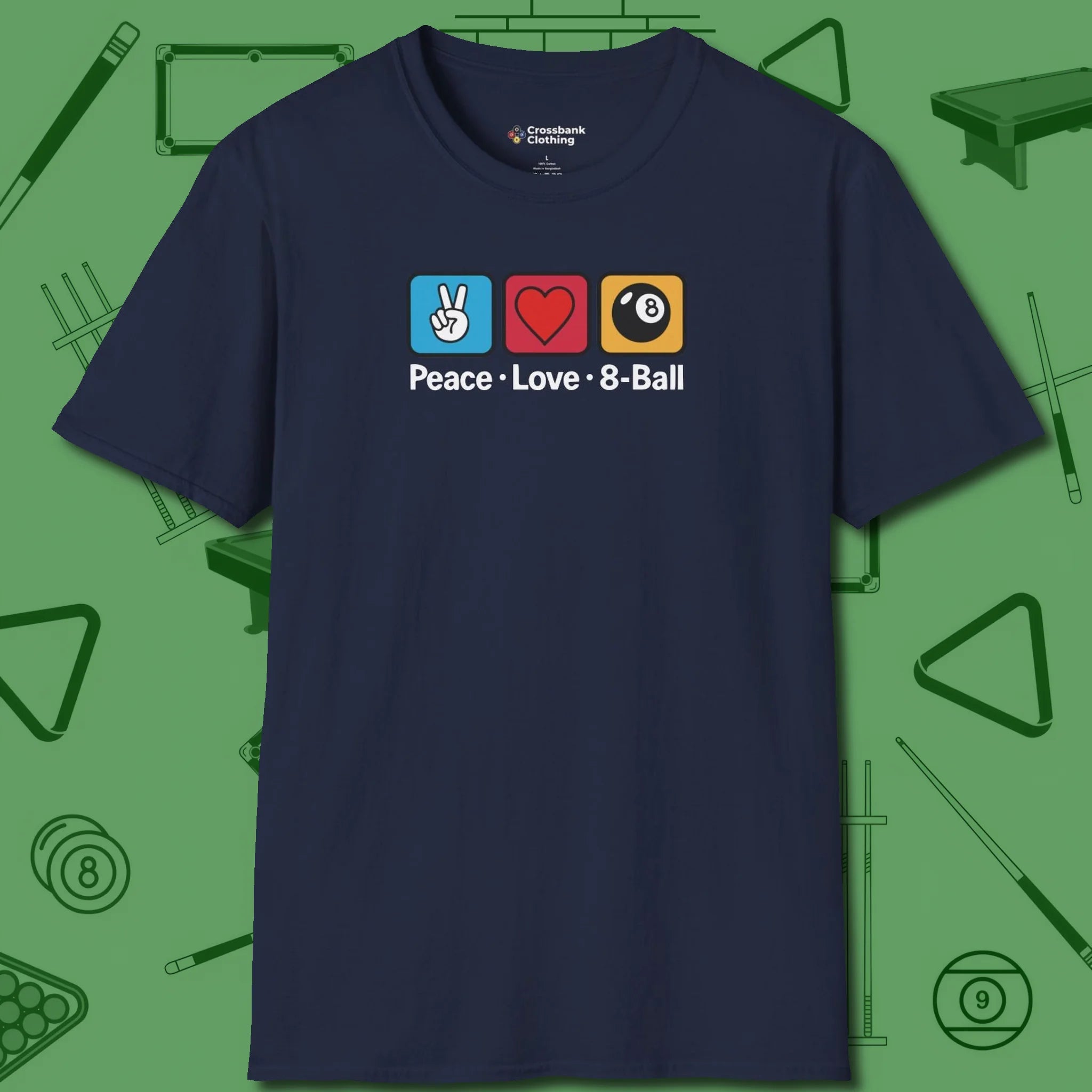 Peace Love Pool T-Shirt, in Navy color, billiards shirt, front view