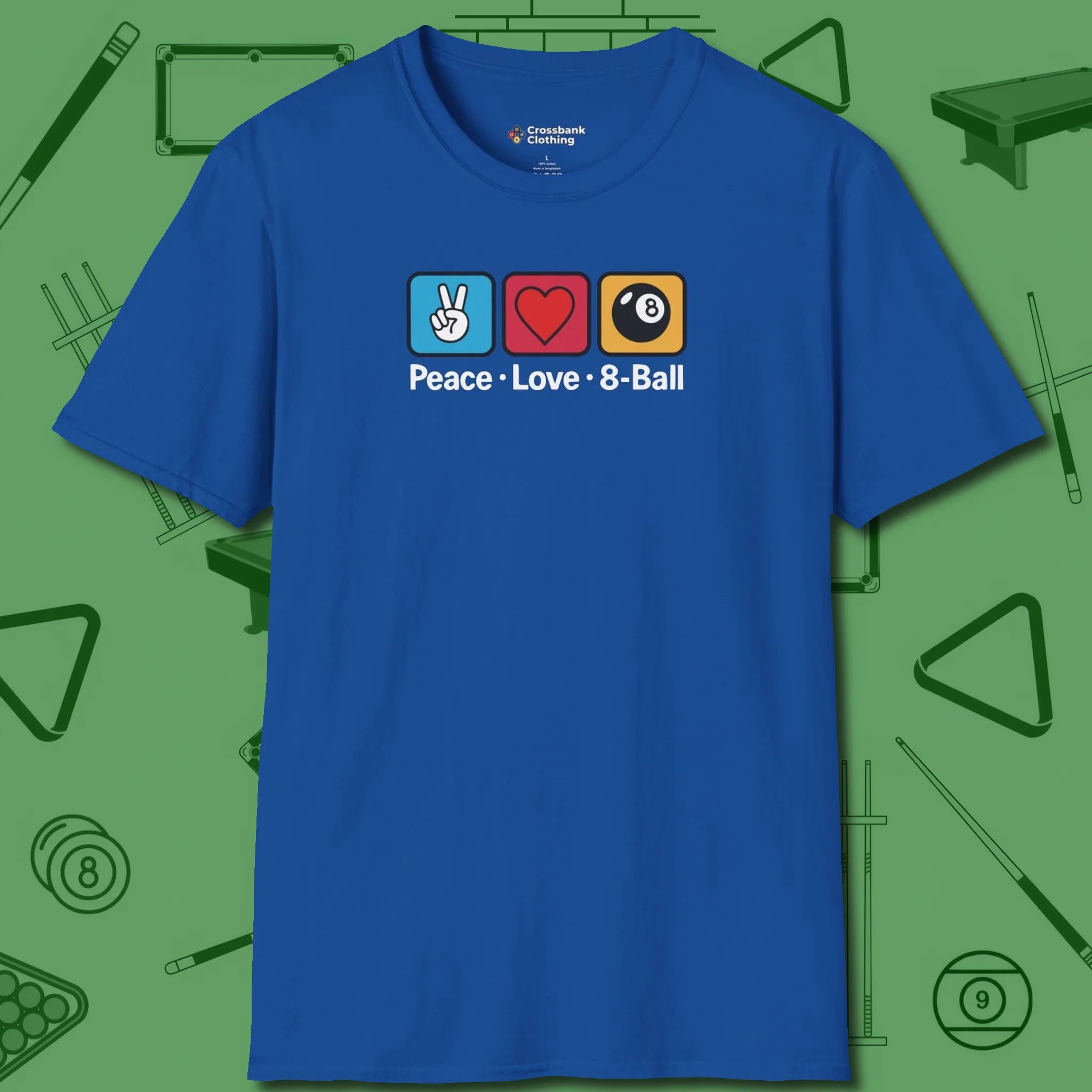 Peace Love Pool T-Shirt, in Royal color, billiards shirt, front view
