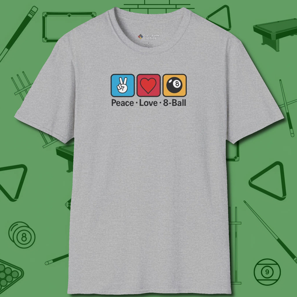 Peace Love Pool T-Shirt, in Sport Grey color, billiards shirt, front view