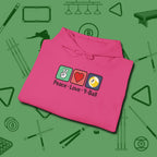 Peace Love Pool Hoodie, in Heliconia color, billiards shirt, folded view