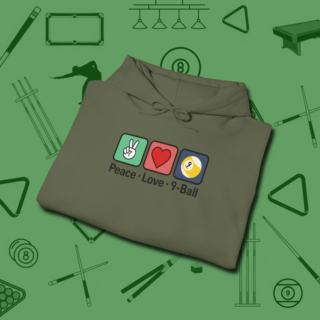 Peace Love Pool Hoodie, in Military Green color, billiards shirt, folded view