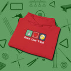 Peace Love Pool Hoodie, in Red color, billiards shirt, folded view