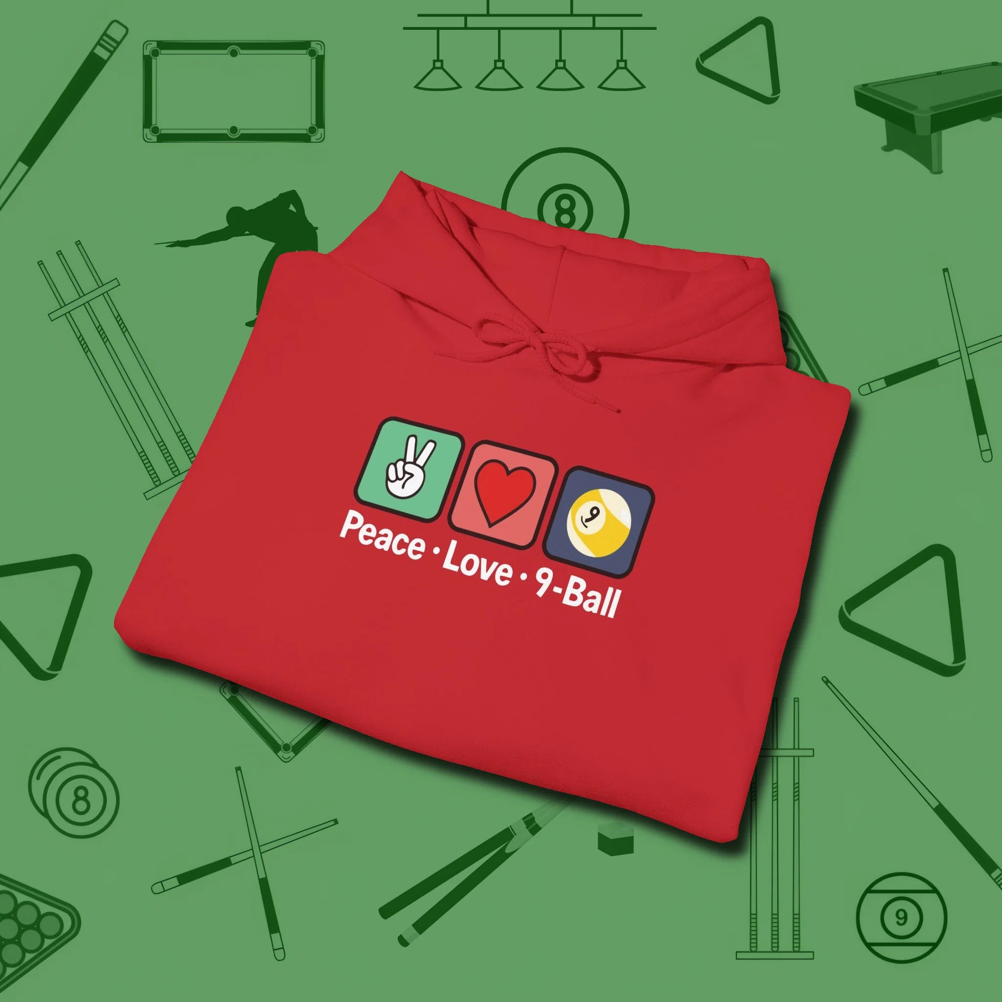 Peace Love Pool Hoodie, in Red color, billiards shirt, folded view