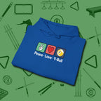 Peace Love Pool Hoodie, in Royal color, billiards shirt, folded view