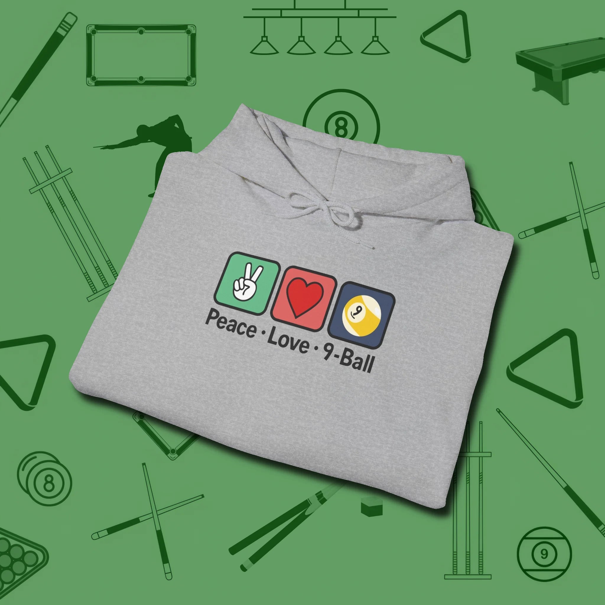 Peace Love Pool Hoodie, in Sport Grey color, billiards shirt, folded view
