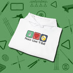 Peace Love Pool Hoodie, in White color, billiards shirt, folded view
