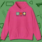 Peace Love Pool Hoodie, in Heliconia color, billiards shirt, front view