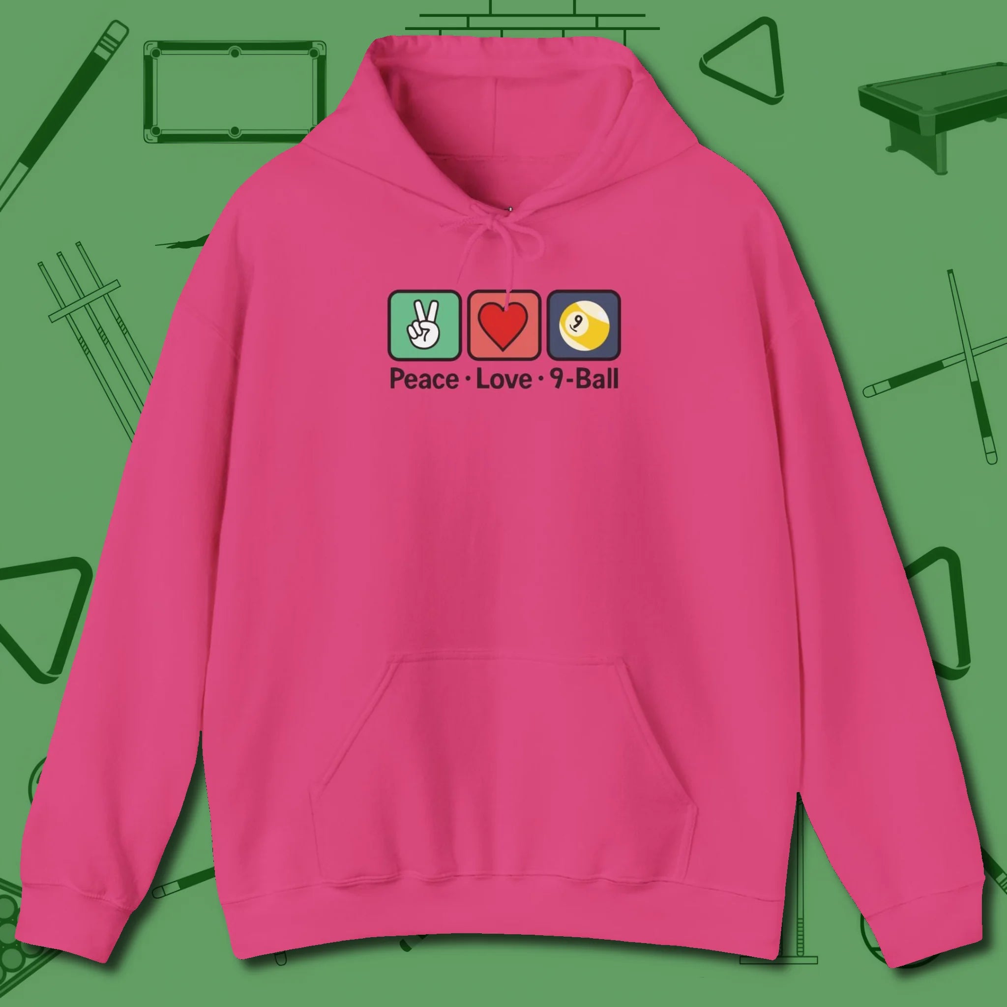 Peace Love Pool Hoodie, in Heliconia color, billiards shirt, front view
