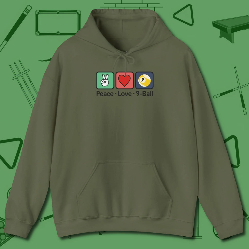 Peace Love Pool Hoodie, in Military Green color, billiards shirt, front view