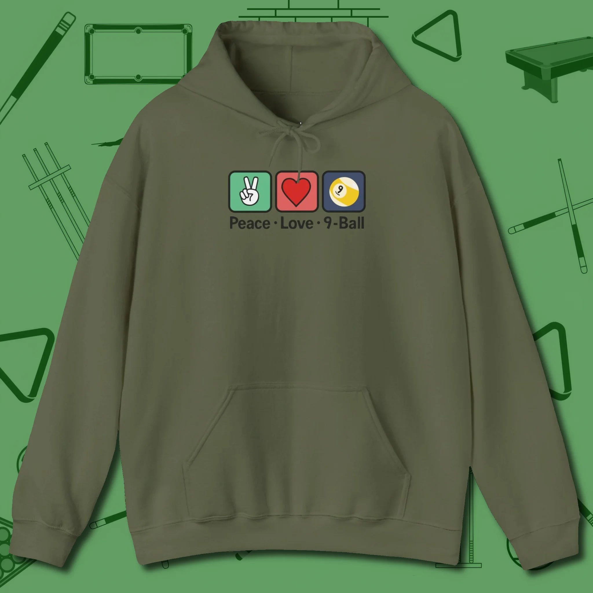 Peace Love Pool Hoodie, in Military Green color, billiards shirt, front view