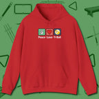 Peace Love Pool Hoodie, in Red color, billiards shirt, front view