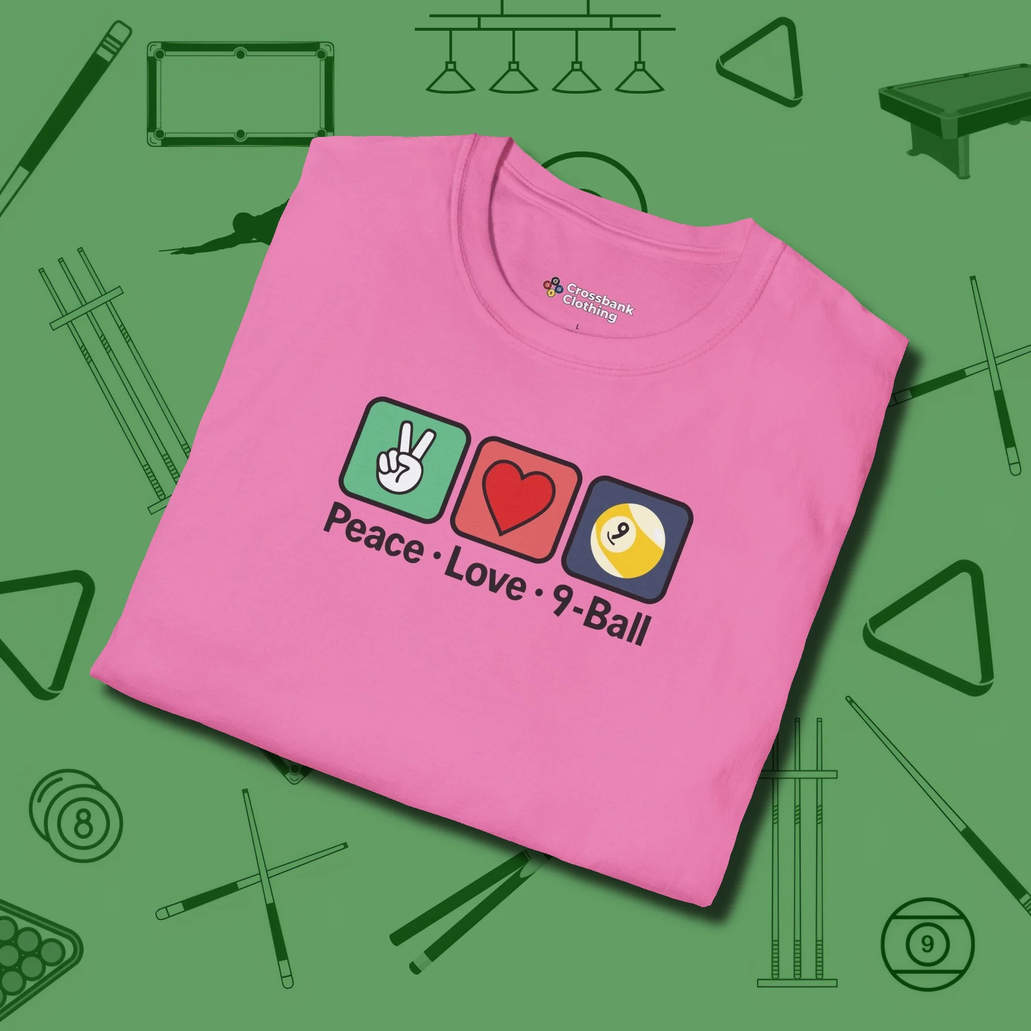 Peace Love Pool T-Shirt, in Azalea color, billiards shirt, folded view