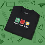 Peace Love Pool T-Shirt, in Black color, billiards shirt, folded view