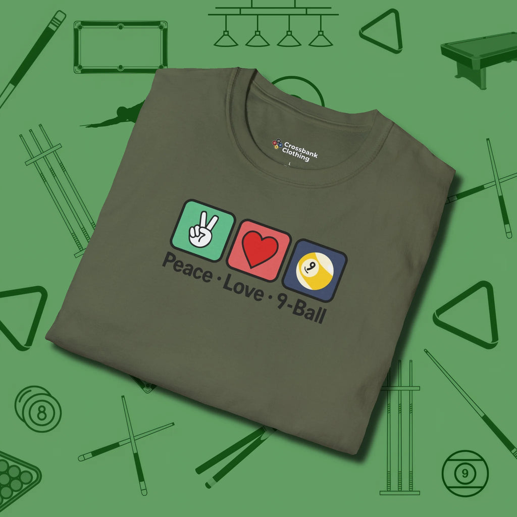 Peace Love Pool T-Shirt, in Military Green color, billiards shirt, folded view