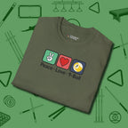 Peace Love Pool T-Shirt, in Military Green color, billiards shirt, folded view