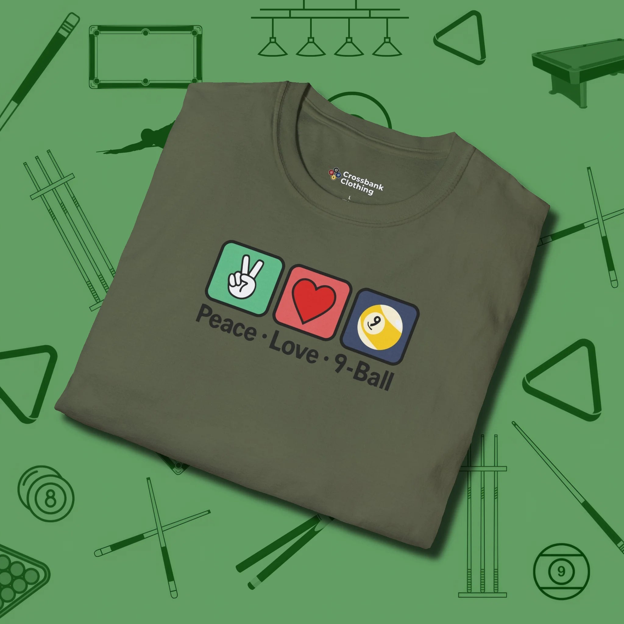 Peace Love Pool T-Shirt, in Military Green color, billiards shirt, folded view