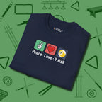 Peace Love Pool T-Shirt, in Navy color, billiards shirt, folded view