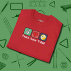 Peace Love Pool T-Shirt, in Red color, billiards shirt, folded view