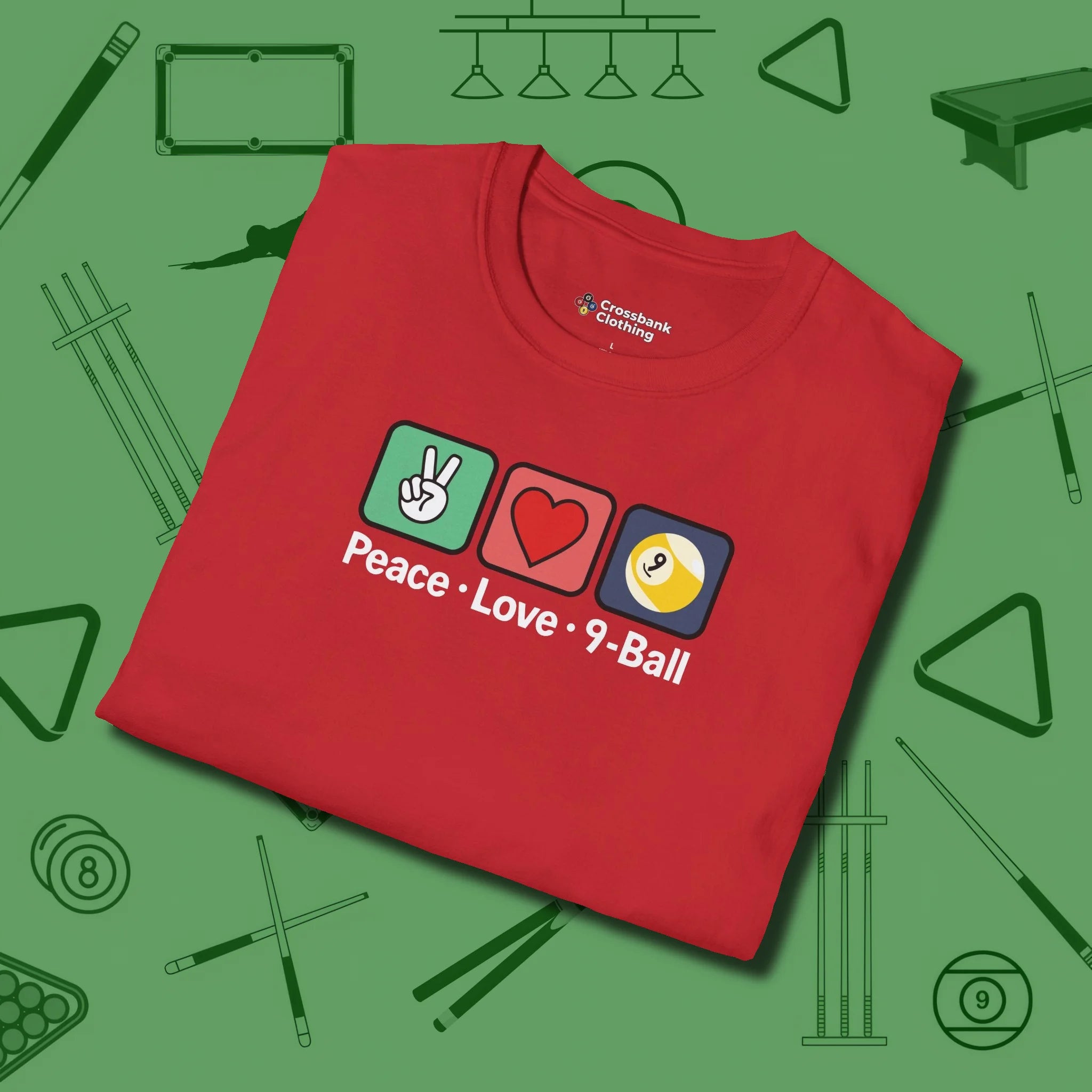 Peace Love Pool T-Shirt, in Red color, billiards shirt, folded view
