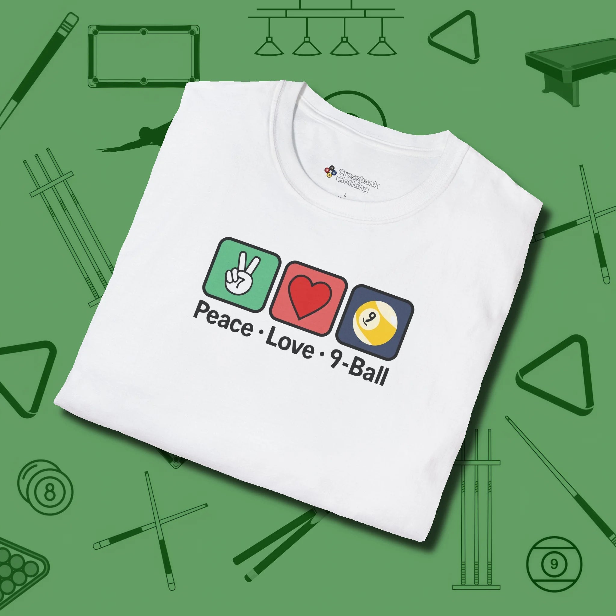 Peace Love Pool T-Shirt, in White color, billiards shirt, folded view