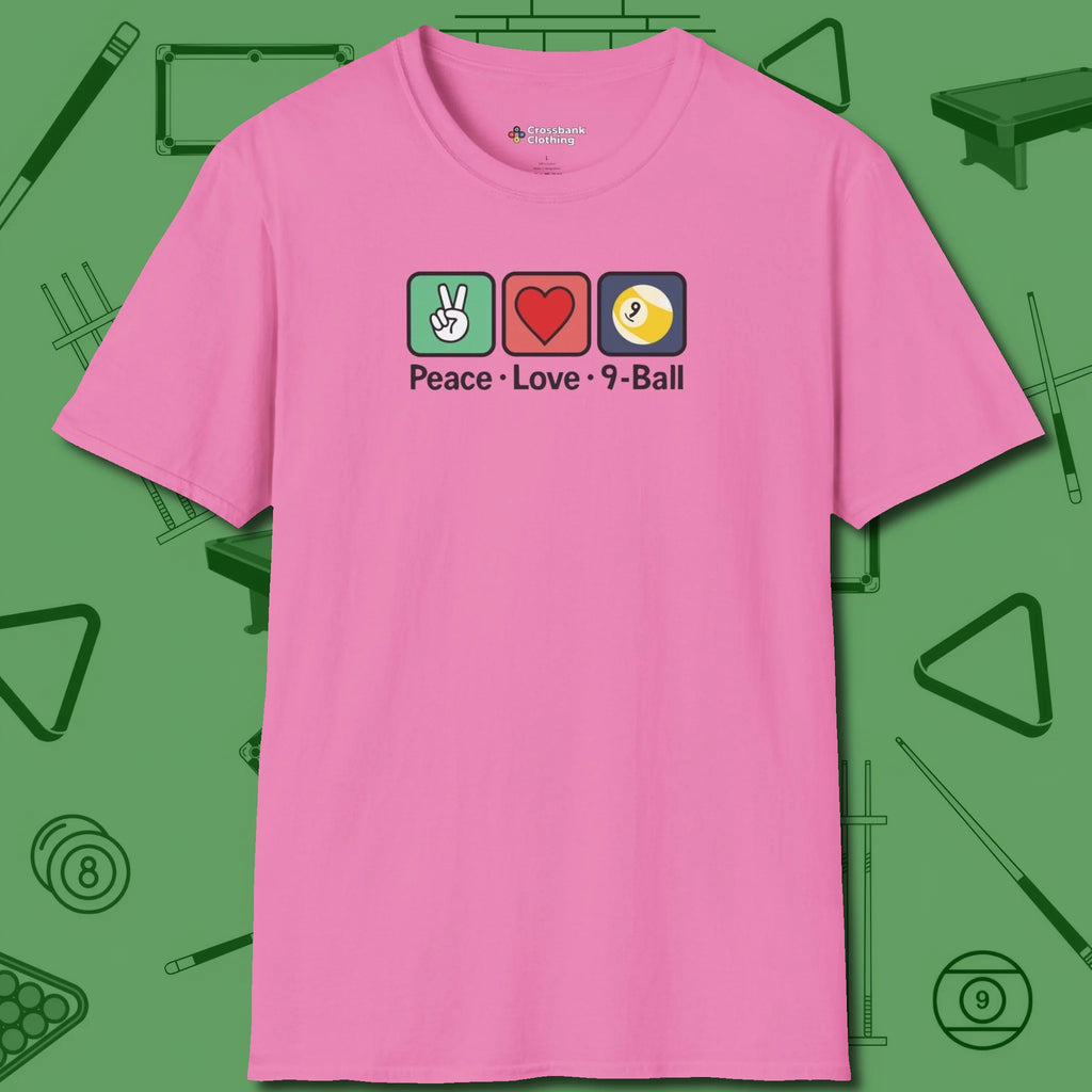 Peace Love Pool T-Shirt, in Azalea color, billiards shirt, front view