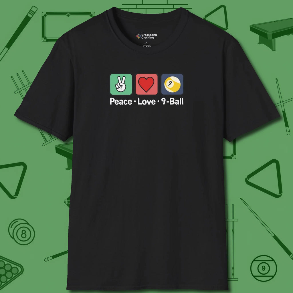 Peace Love Pool T-Shirt, in Black color, billiards shirt, front view