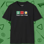Peace Love Pool T-Shirt, in Black color, billiards shirt, front view