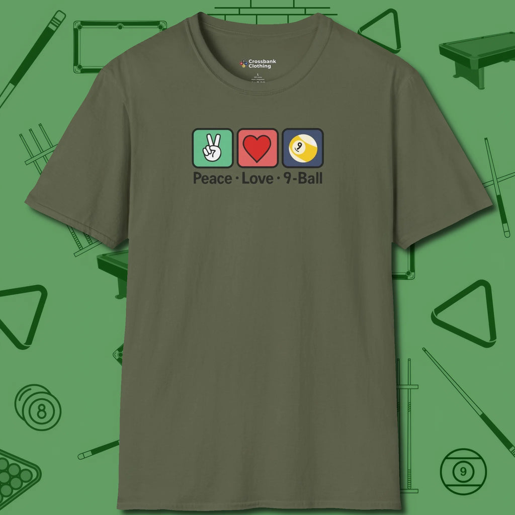 Peace Love Pool T-Shirt, in Military Green color, billiards shirt, front view